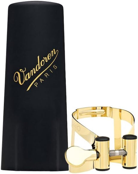 The gold plated Vandoren LC56DP MO soprano saxophone ligature and the plastic mouthpiece cap